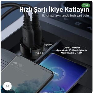 Bix BXCC65C 65W Çift Type-C Araç Şarj Cihazı Siyah #4